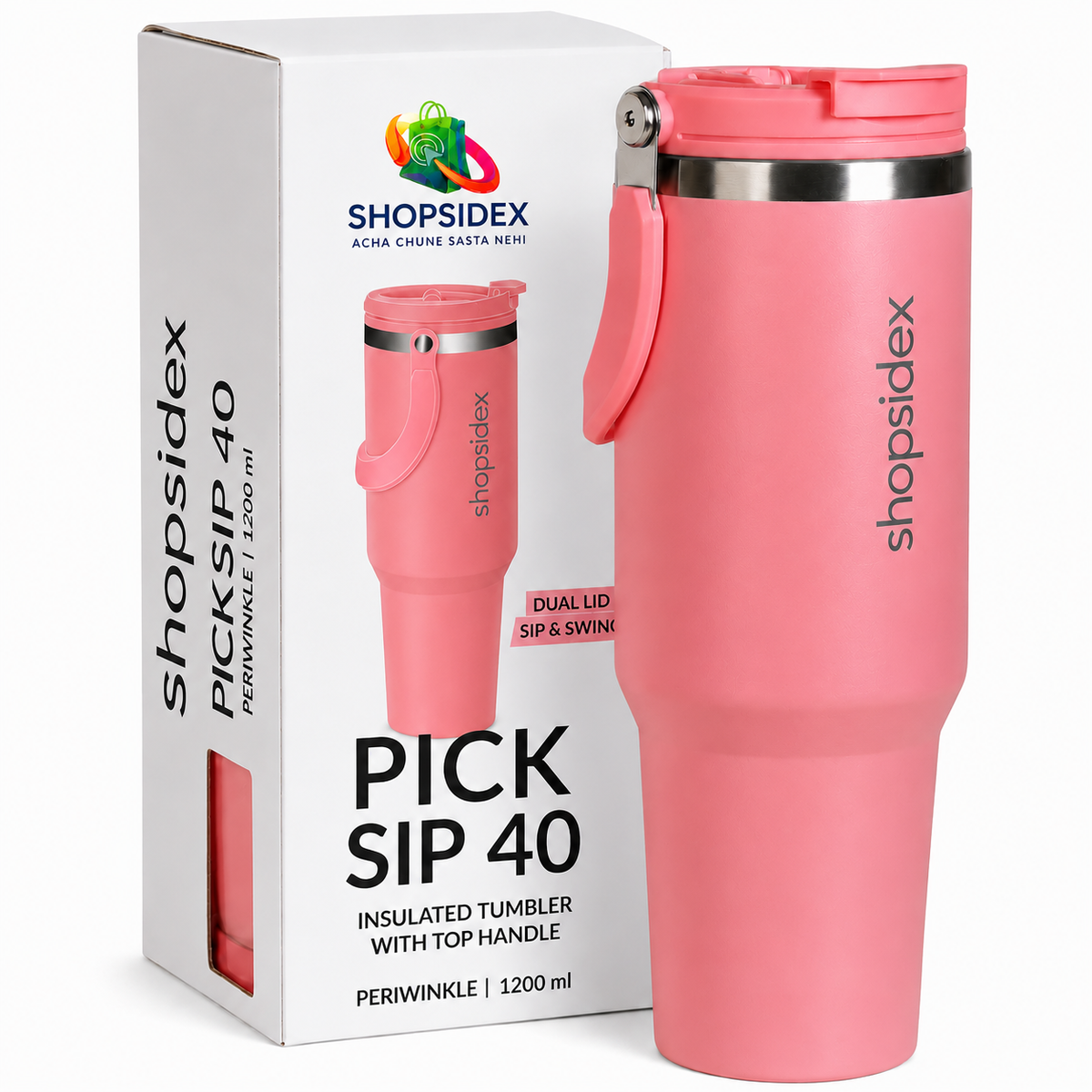 Shopsidex Tumbler with Straw & Top Handle 1.2L |BIS certified Insulated Stainless Steel Sipper Water Bottle for Adults with Dual Flip Opening Sip-Swig Leakproof Lid for Office & Gym (Coral Pop)