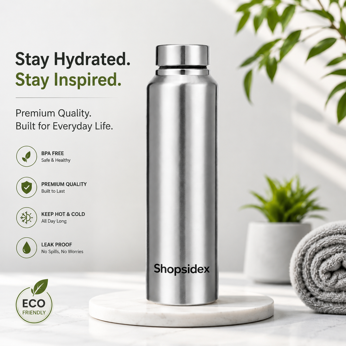 Shopsidex Stainless Steel Water Bottle 1000ml| Silver colour Durable, Leak-Proof, Easy Grip, Rust Free,for School,office,college,Travel, Gym & Work