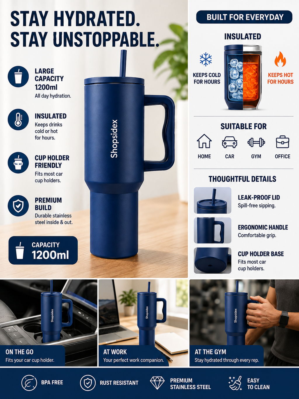 Moroccan Blue - Insulated Stanley Tumbler 1200ml | Stainless Steel |