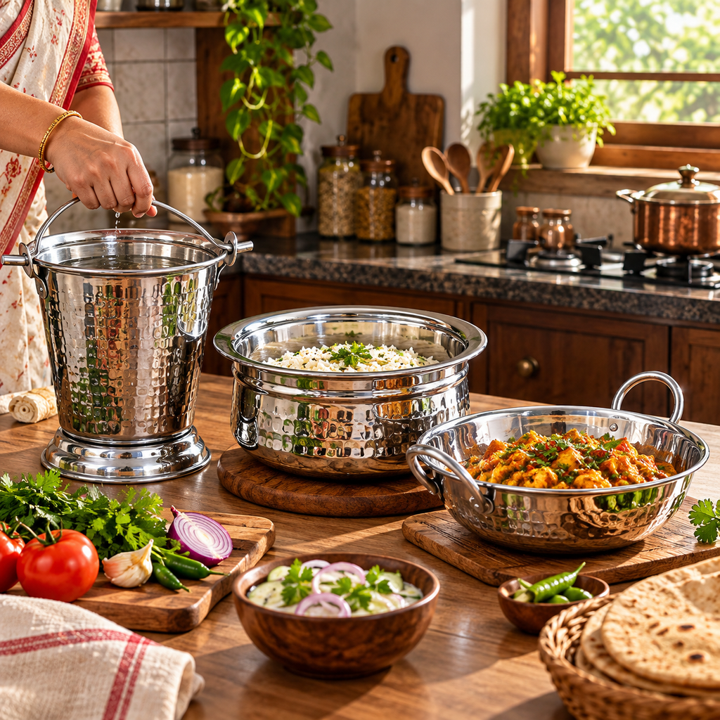 Stainless Steel Hammered Kadhai Balti Handi Set | Heavy Duty | Rust Proof | BPA Free
