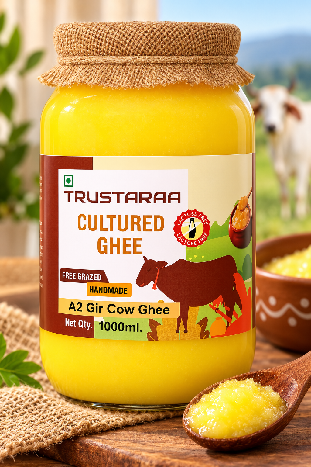 Trustaraa Cow Ghee Cultured Ghee A2 Gir Cow Ghee | Traditional Bilona Method A2 Cow Ghee | Grassfed, Pure and Healthy Desi Cow Ghee (Glass Bottle) (1000 ML)