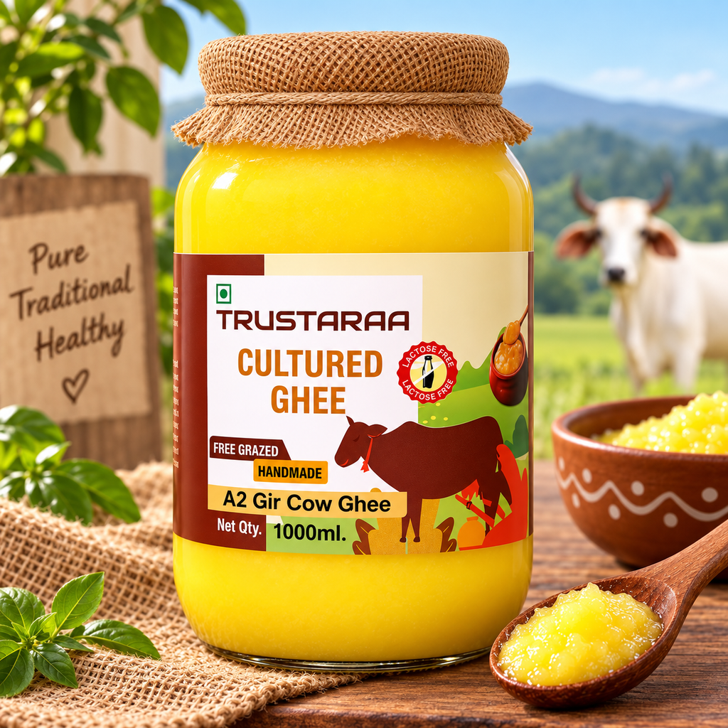 Trustaraa Cow Ghee Cultured Ghee A2 Gir Cow Ghee | Traditional Bilona Method A2 Cow Ghee | Grassfed, Pure and Healthy Desi Cow Ghee (Glass Bottle) (1000 ML)