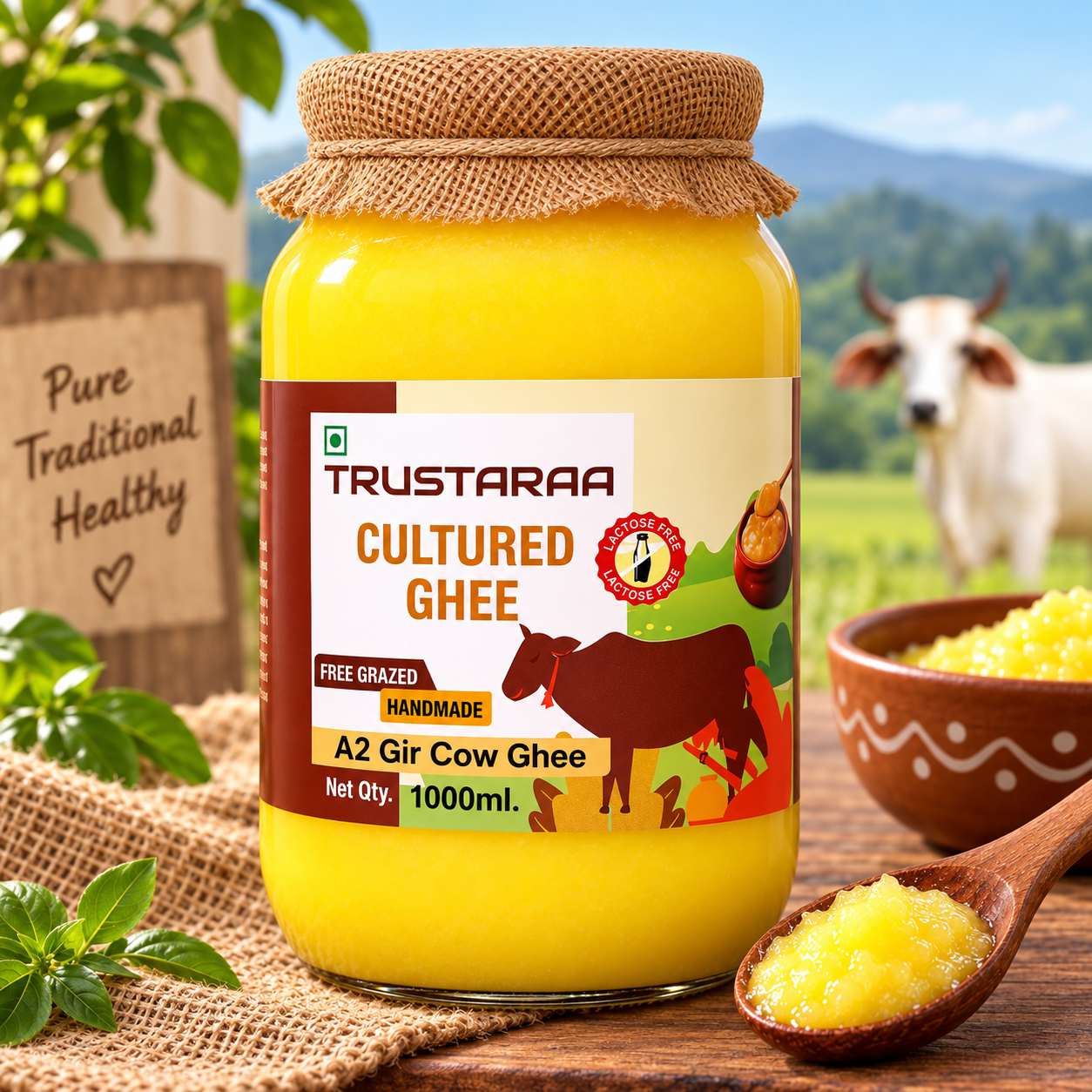 Trustaraa Cow Ghee Cultured Ghee A2 Gir Cow Ghee | Traditional Bilona Method A2 Cow Ghee | Grassfed, Pure and Healthy Desi Cow Ghee (Glass Bottle) (1000 ML)