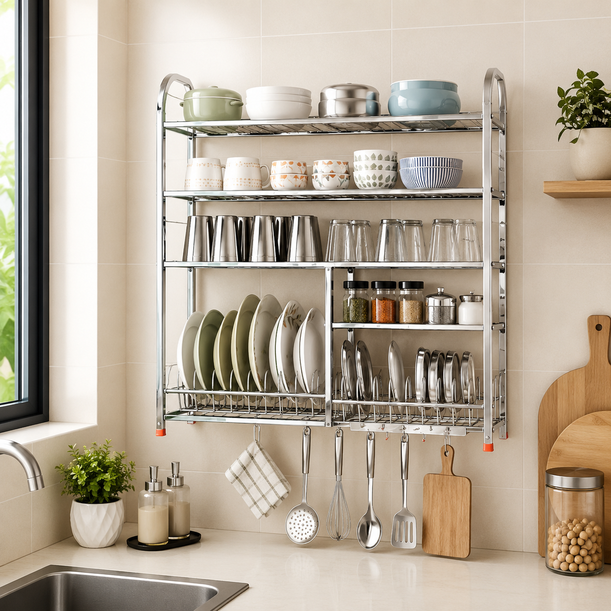 Wall Mount Kitchen Utensils Dish Rack | Stainless Steel Utensil Stand With Plate & Cutlery Holder (31 X 30 Inches) | (18 x 24)