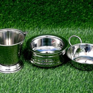 heavy duty stainless steel hammered/mathaar hotel dish serveware set of hammered/mathaar [ handi (500ml), kadhai (300ml), balti (300ml)