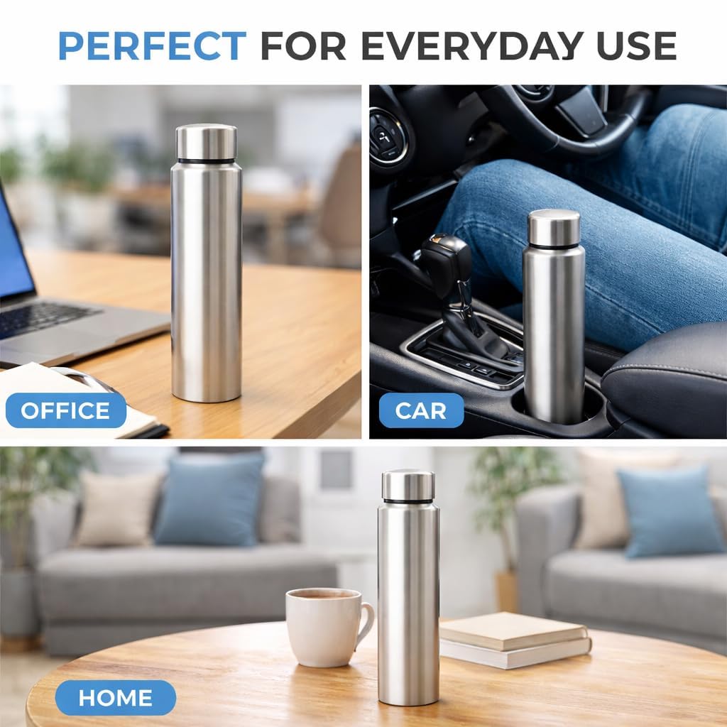 bottle stainless steel water bottle, 1000 ml, silver, leak proof, modern design stainless steel water bottle,school/college/office/home/kitchen/gym/travelling (pack 1) bottle stainless steel water bottle, 1000 ml, silver, leak proof, modern design stainless steel water bottle,school/college/office/home/kitchen/gym/travelling (pack 1)