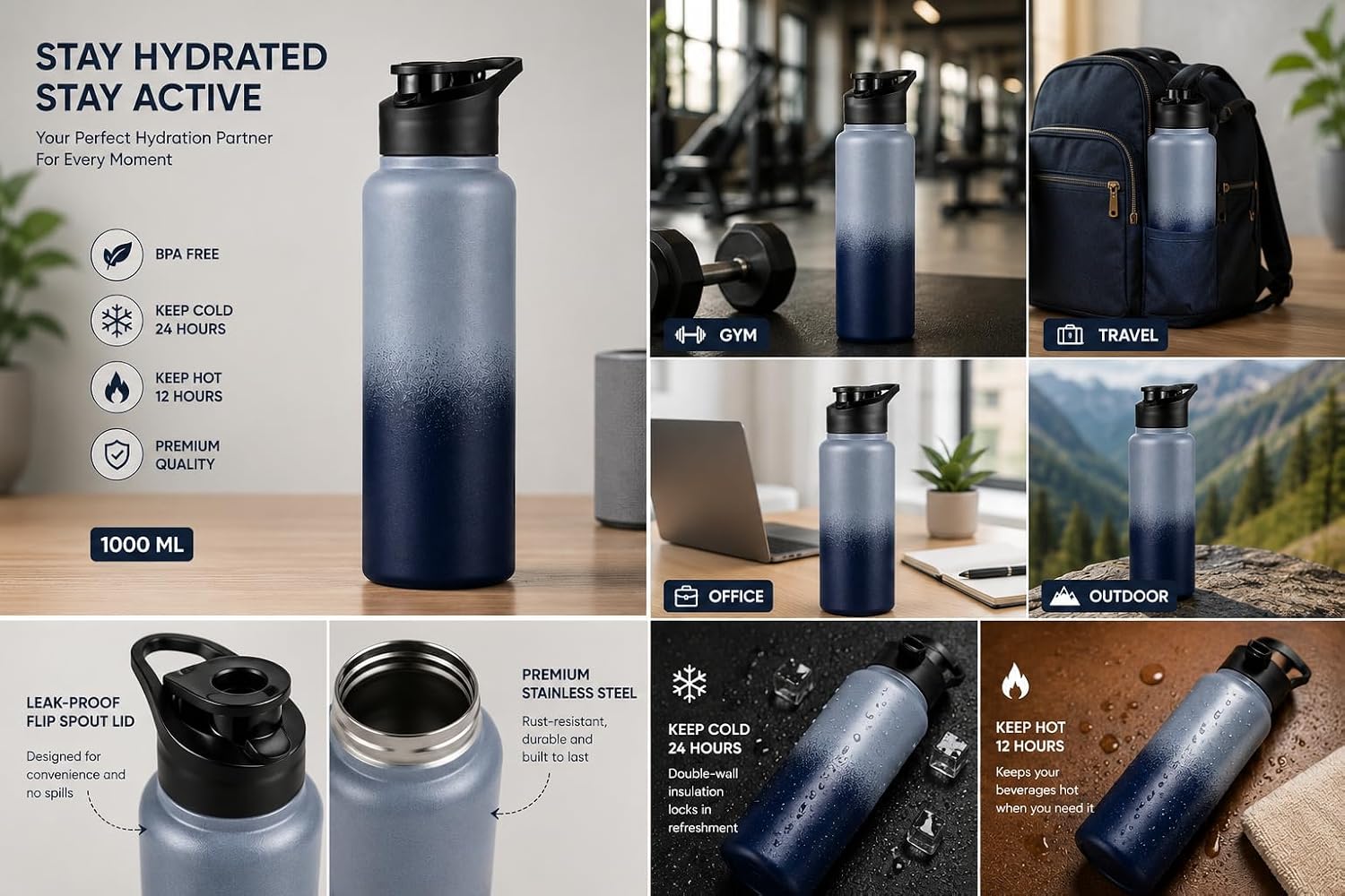 water bottle 1 ltr stainless steel sports/fridge bottle with dual cap | single wall | for home, office, gym, travelling | lightweight | bpa free, gray black water bottle 1 ltr stainless steel sports/fridge bottle with dual cap | single wall | for home, office, gym, travelling | lightweight | bpa free, gray black