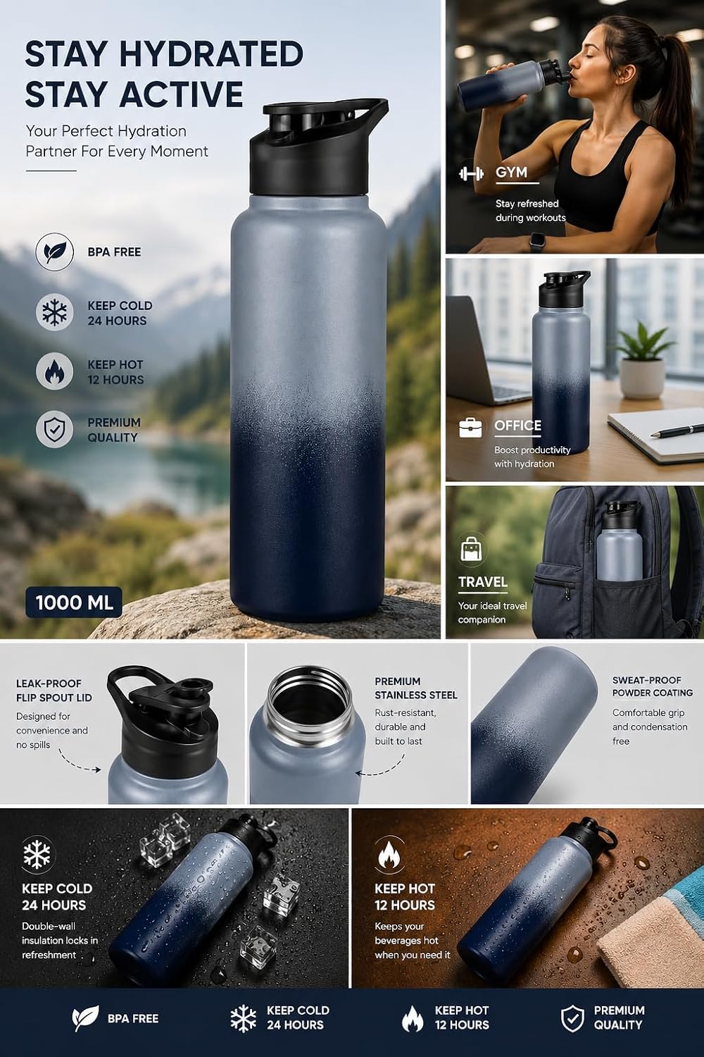 water bottle 1 ltr stainless steel sports/fridge bottle with dual cap | single wall | for home, office, gym, travelling | lightweight | bpa free, gray black water bottle 1 ltr stainless steel sports/fridge bottle with dual cap | single wall | for home, office, gym, travelling | lightweight | bpa free, gray black