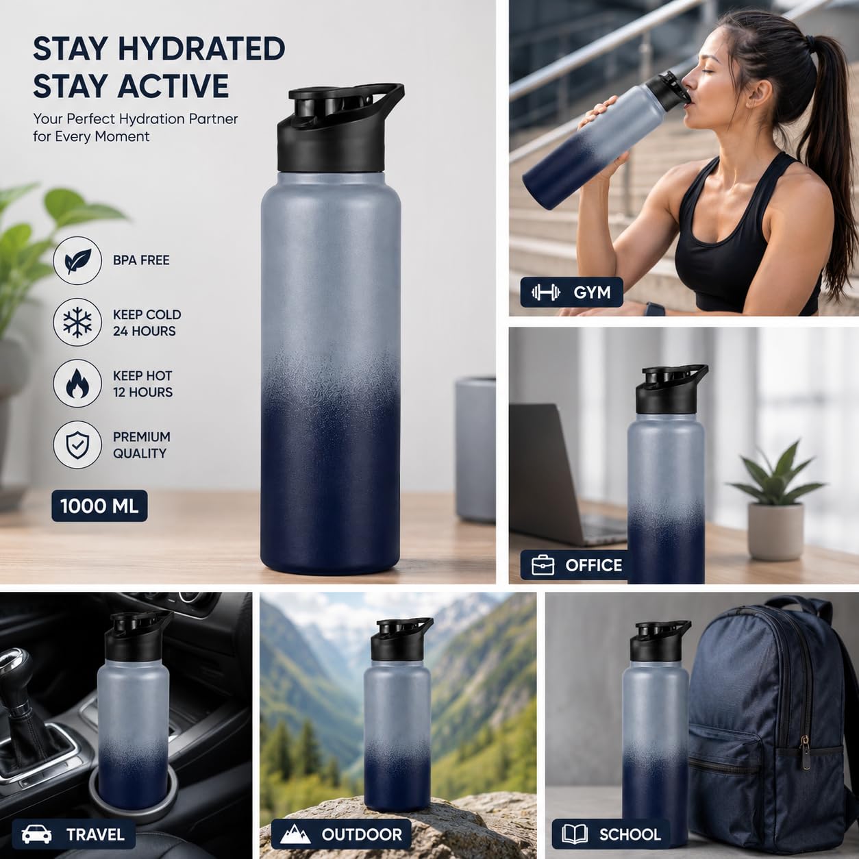 water bottle 1 ltr stainless steel sports/fridge bottle with dual cap | single wall | for home, office, gym, travelling | lightweight | bpa free, gray black water bottle 1 ltr stainless steel sports/fridge bottle with dual cap | single wall | for home, office, gym, travelling | lightweight | bpa free, gray black
