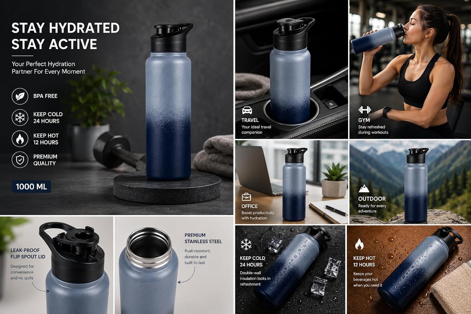 water bottle 1 ltr stainless steel sports/fridge bottle with dual cap | single wall | for home, office, gym, travelling | lightweight | bpa free, gray black water bottle 1 ltr stainless steel sports/fridge bottle with dual cap | single wall | for home, office, gym, travelling | lightweight | bpa free, gray black